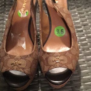 Coach Monogram cork wedge sling backs